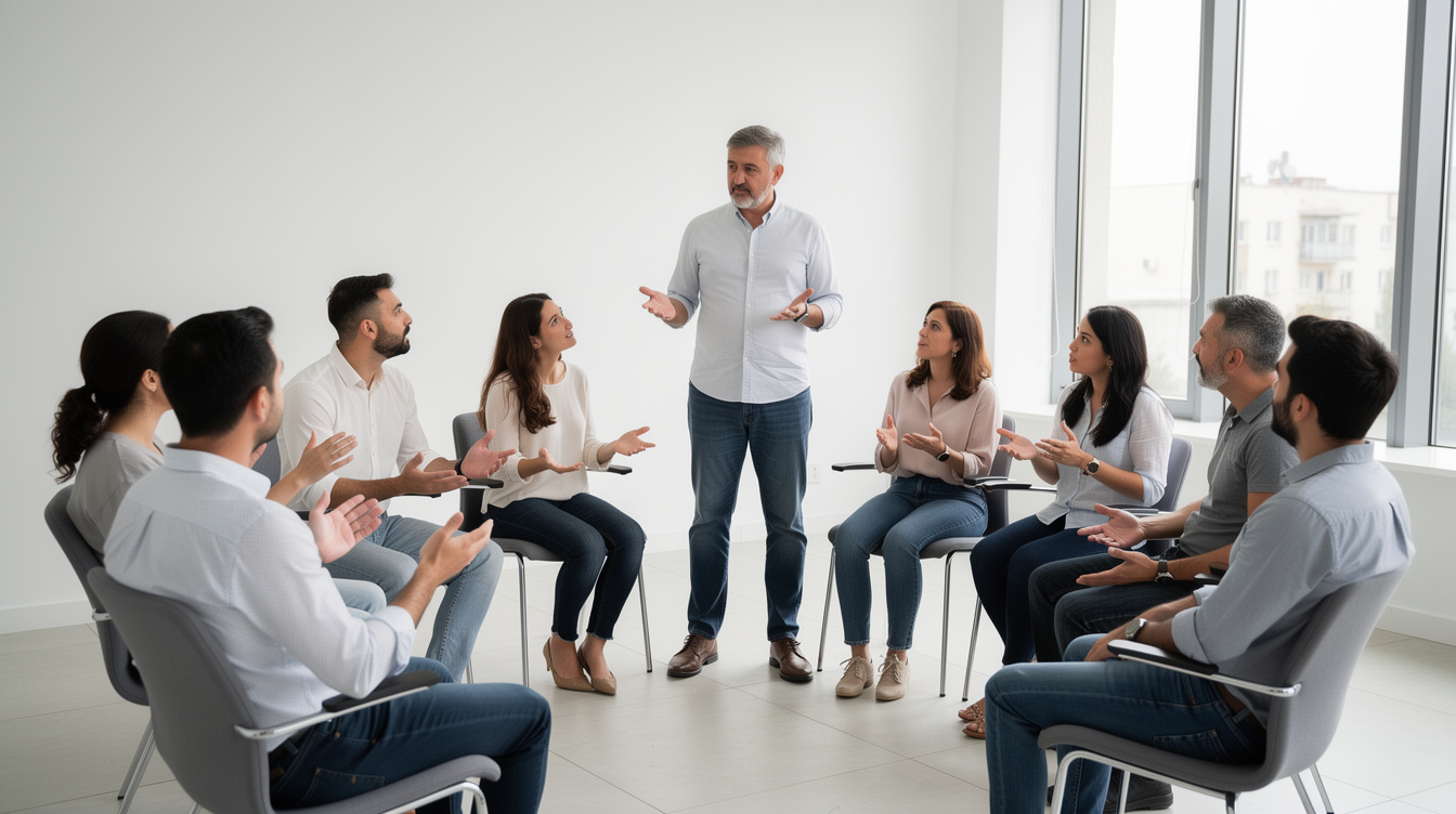 Trainer leading a conflict resolution role play with TV staff